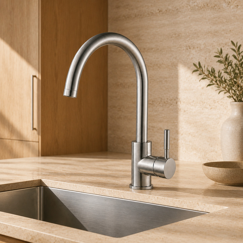 Single Handle Hot and Cold Kitchen Faucet in Brushed Stainless Steel