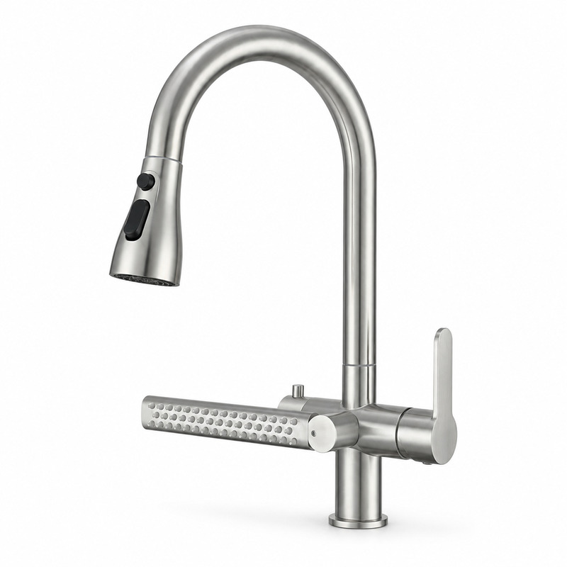Single Handle Hot and Cold Kitchen Faucet on white background